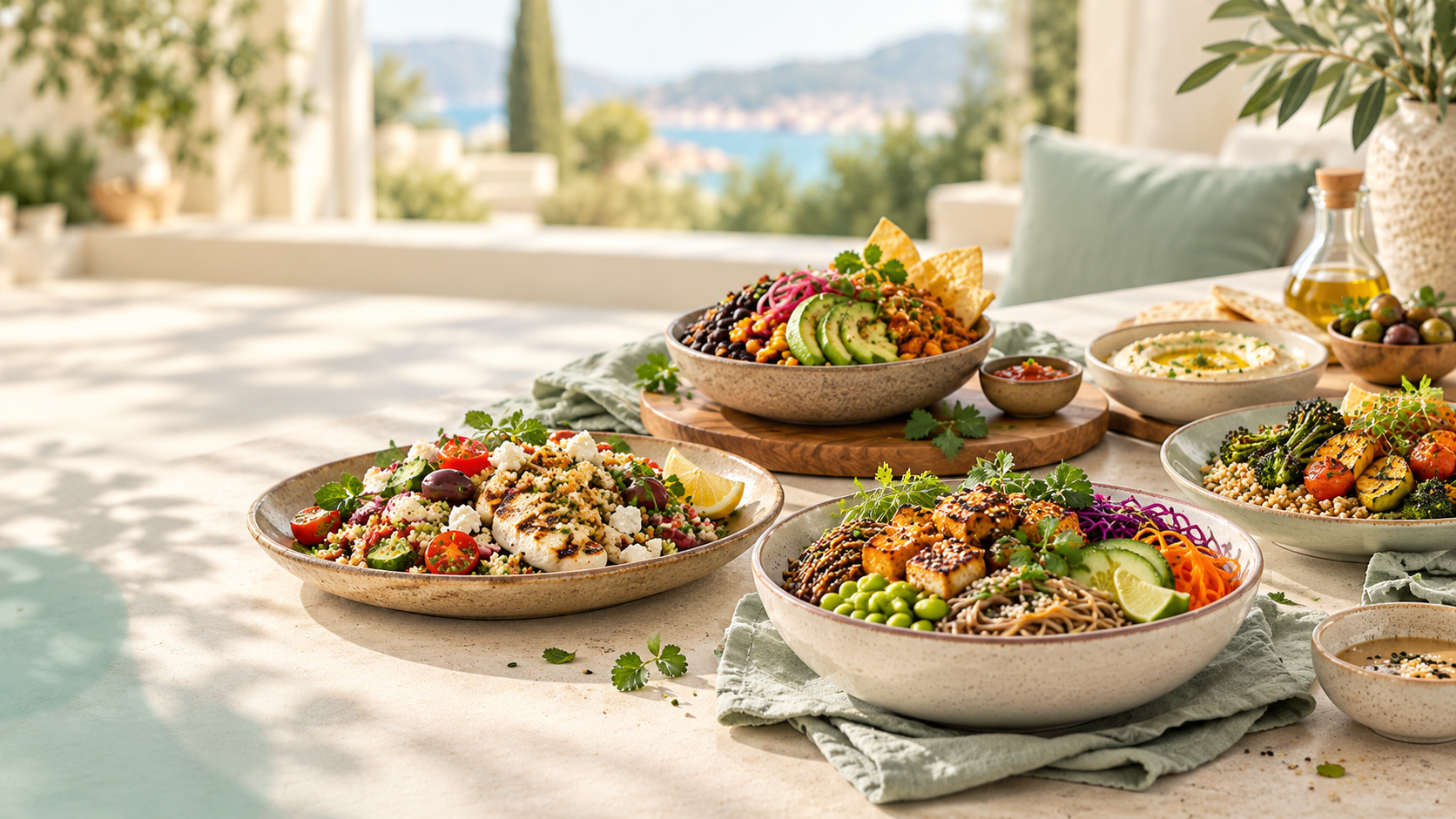Fresh healthy vegetables and fruits on a wooden table